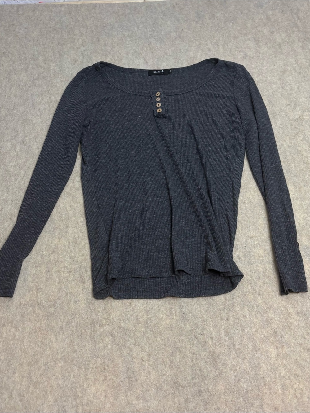 Basic Ribbed Button Henley Long-Sleeve Top - Charcoal XL